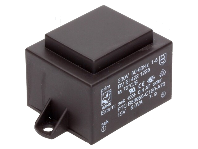 Transformator: ingegoten; 6VA; 230VAC; 15V; 400mA; PCB; BVEI Transformator: ingegoten; 6VA; 230VAC; 15V; 400mA; PCB; BVEI